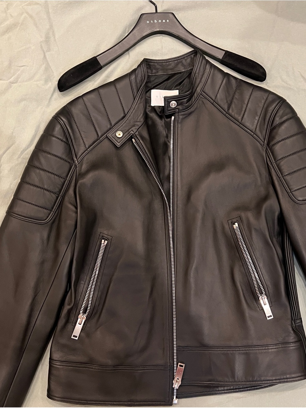 Sandro Black Quilted-Shoulder Leather Jacket SANDRO
Lambskin Biker Jacket